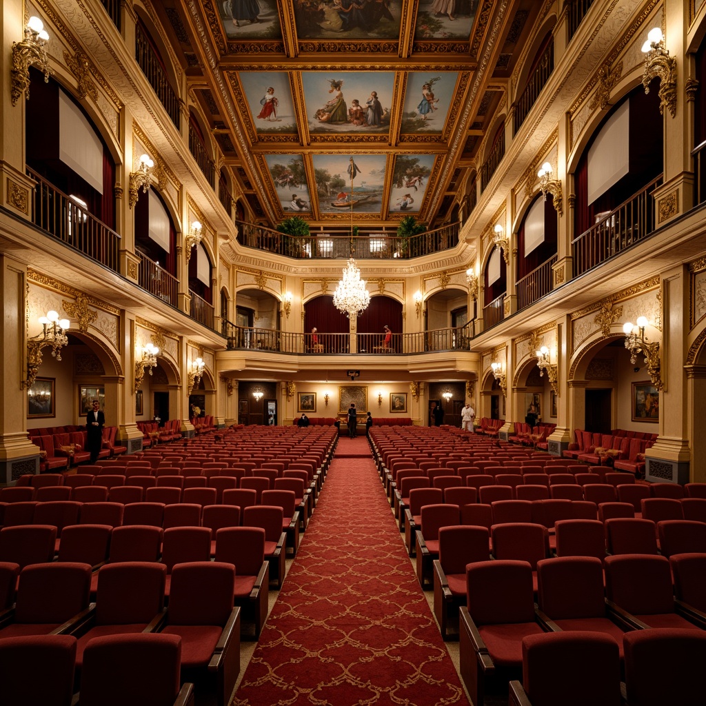 Prompt: Elegant amphitheater seating, ornate golden railings, plush velvet cushions, intricate carvings, grandiose chandeliers, majestic archways, lavish frescoes, ornamental columns, luxurious fabrics, soft warm lighting, shallow depth of field, 3/4 composition, panoramic view, realistic textures, ambient occlusion.