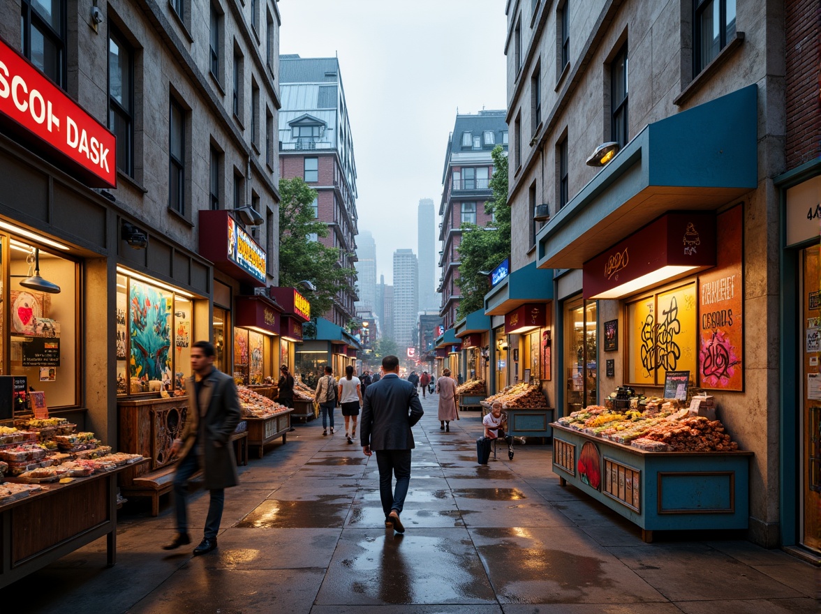 Prompt: Vibrant market stalls, eclectic experimental architecture, bold color blocking, neon signs, metallic accents, reclaimed wood textures, industrial lighting fixtures, abstract graffiti murals, dynamic geometric patterns, urban cityscape backdrop, morning misty atmosphere, soft warm lighting, shallow depth of field, 1/1 composition, realistic materials, ambient occlusion.