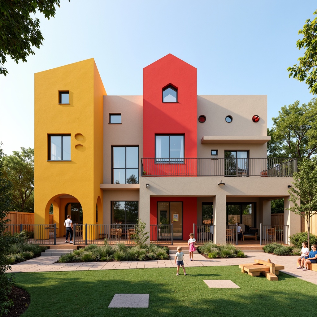 Prompt: Vibrant kindergarten building, playful color scheme, whimsical facade design, irregular shapes, bold lines, bright windows, sliding glass doors, outdoor play areas, climbing walls, rope ladders, wooden decks, artificial turf, educational signage, interactive exhibits, natural stone accents, stucco finishes, modern architecture, shallow depth of field, 1/1 composition, warm soft lighting, realistic textures, ambient occlusion.