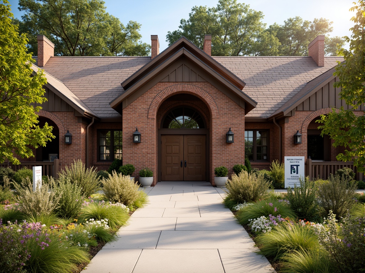 Prompt: Rustic high school facade, regionalist architecture style, earthy brown tones, weathered brick walls, pitched rooflines, ornate wooden doors, vintage metal lanterns, lush greenery, blooming flowers, natural stone pathways, modern educational signage, warm sunny day, soft diffused lighting, shallow depth of field, 3/4 composition, realistic textures, ambient occlusion.