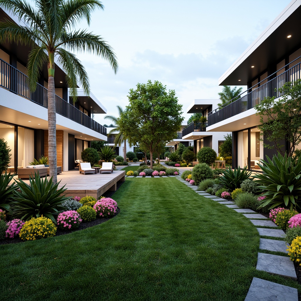 Prompt: Lush greenery, vibrant flowers, sprawling lawns, meandering walkways, modernist buildings, clean lines, minimal ornamentation, large windows, sliding glass doors, open floor plans, functional spaces, tropical plants, palm trees, succulents, geometric planters, natural stone walls, wooden decking, steel railings, subtle outdoor lighting, warm ambiance, shallow depth of field, 3/4 composition, panoramic view, realistic textures, ambient occlusion.