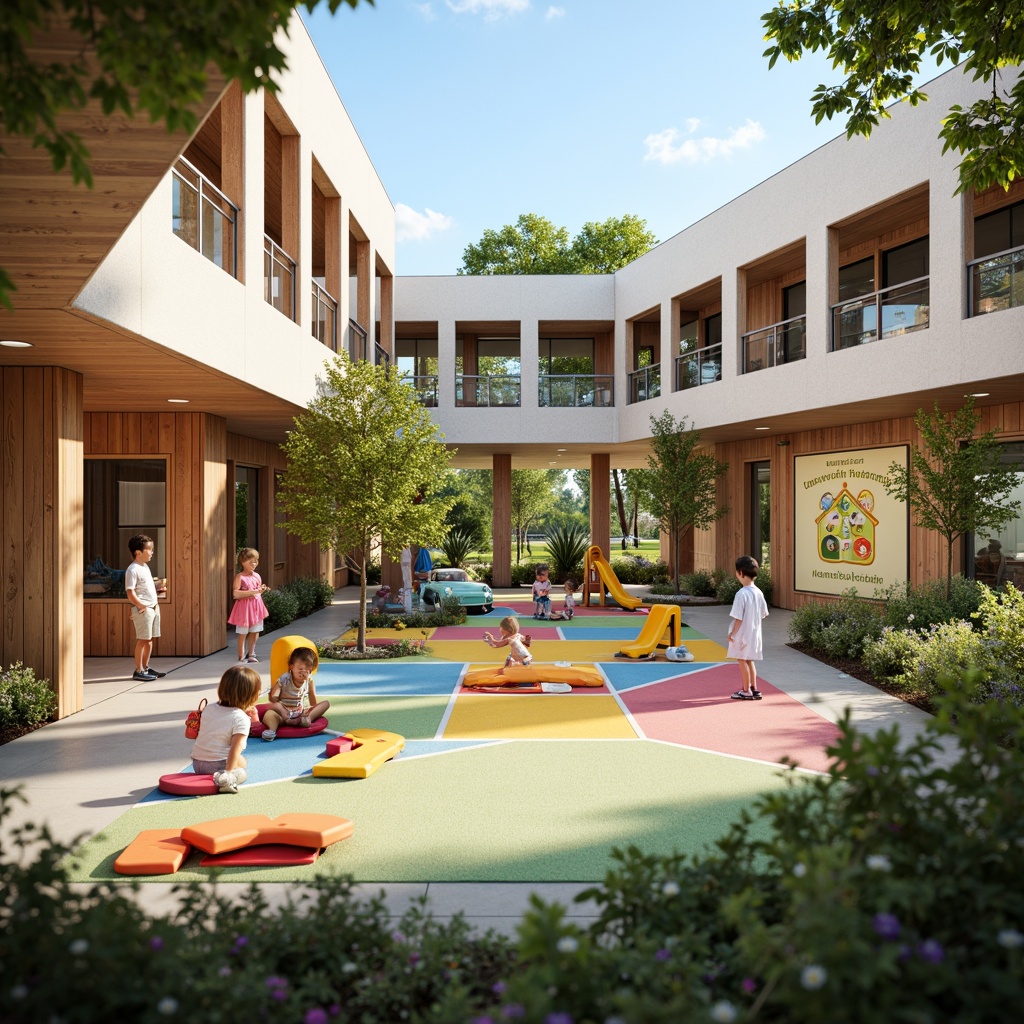 Prompt: Vibrant kindergarten playground, educational signage, interactive learning tools, soft play zones, climbing structures, sensory integration areas, colorful murals, natural wood accents, modern minimalist architecture, large windows, sliding glass doors, blooming flowers, sunny day, warm soft lighting, shallow depth of field, 3/4 composition, panoramic view, realistic textures, ambient occlusion.