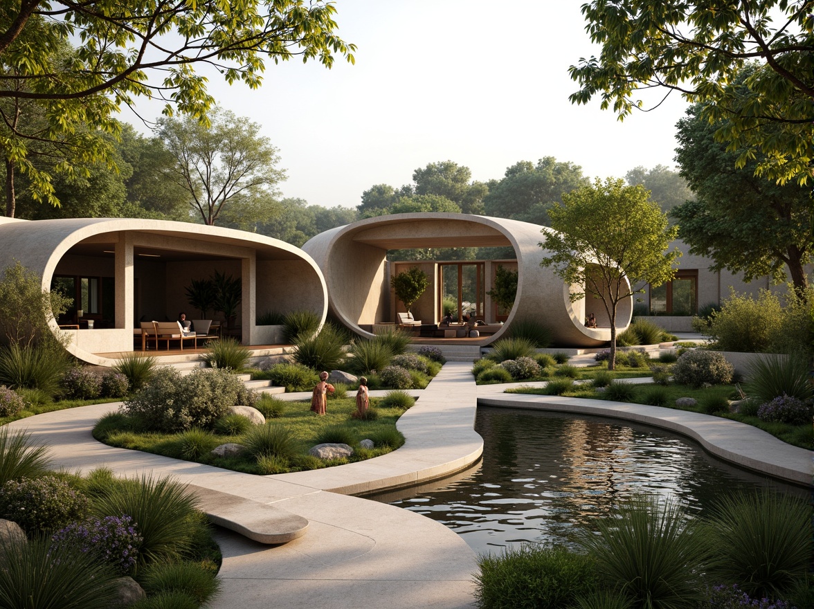 Prompt: Seamless landscape integration, organic architecture, curved lines, natural stone walls, green roofs, lush vegetation, native plants, meandering pathways, serene water features, reflecting pools, wooden decks, cantilevered structures, minimalist design, earthy tones, warm lighting, soft focus, shallow depth of field, 2/3 composition, atmospheric perspective, realistic textures, ambient occlusion.