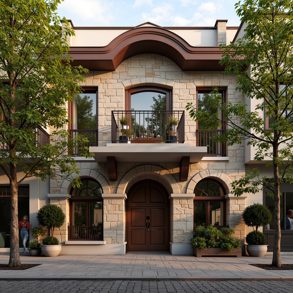 Prompt: Rustic bank fa\u00e7ade, regionalism style architecture, earthy tones, natural stone walls, wooden accents, ornate metalwork, arched windows, columned entrance, symmetrical composition, warm afternoon lighting, shallow depth of field, 1/2 perspective, realistic textures, ambient occlusion, lush greenery, mature trees, cobblestone pavement, pedestrian walkway, urban context, business district setting.