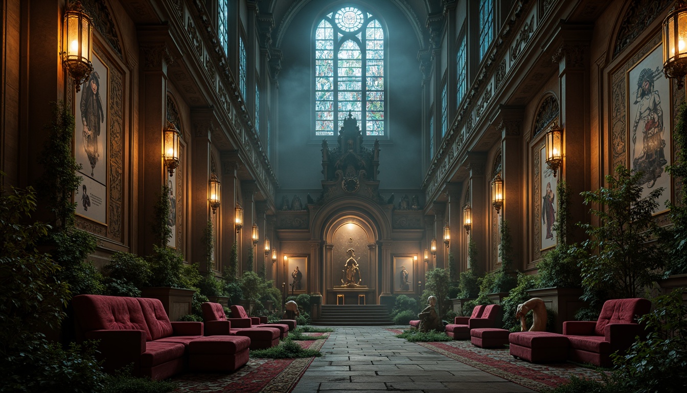 Prompt: Intricate stone carvings, grandiose cathedral-inspired architecture, mysterious ambiance, dark romanticism, ornate metalwork, lavish furnishings, rich velvet drapes, mystical stained glass windows, eerie lanterns, weathered stone walls, moss-covered statues, overgrown ivy, misty atmosphere, soft warm lighting, dramatic shadows, 1/1 composition, symmetrical framing, high contrast ratio, cinematic mood.