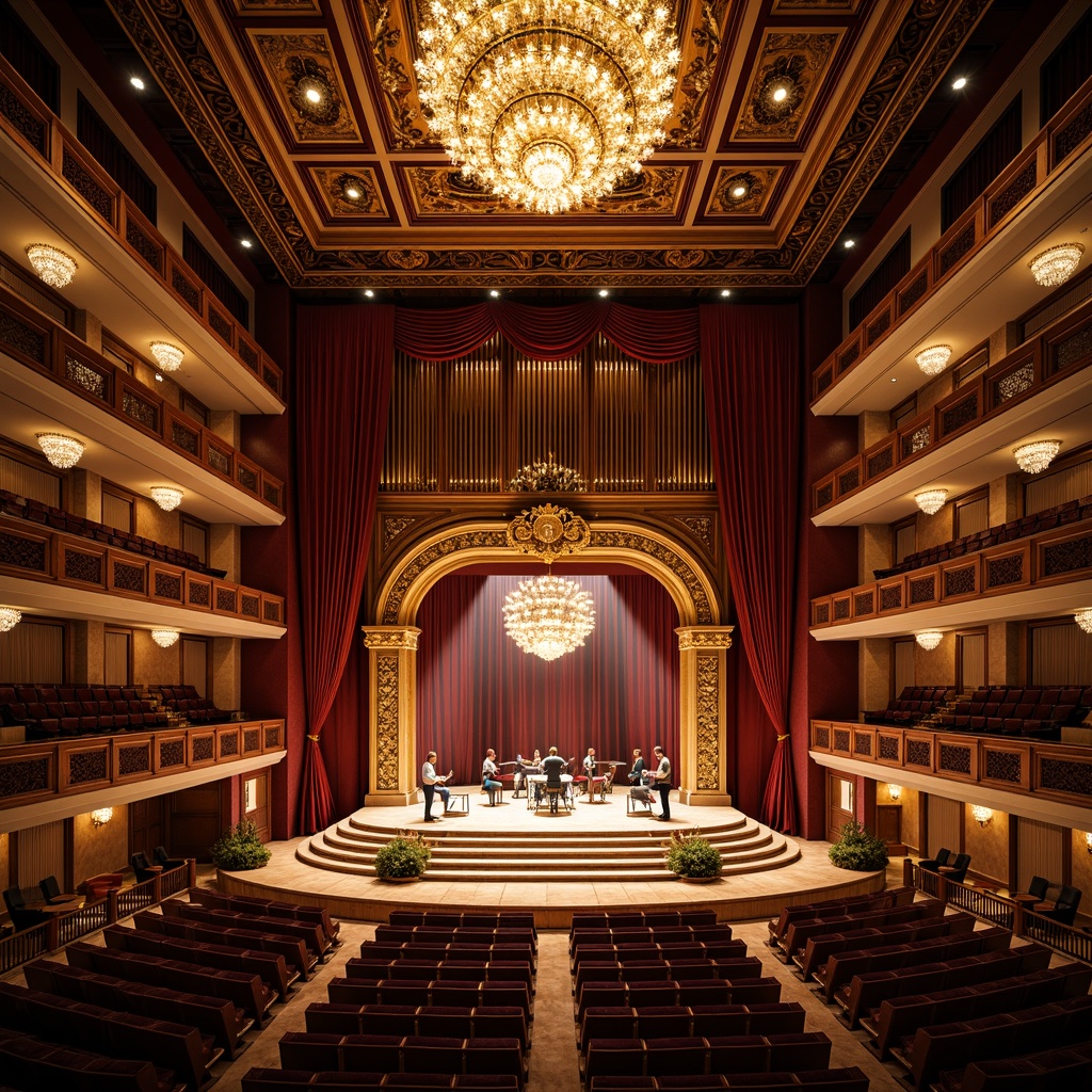 Prompt: Luxurious concert hall, ornate golden decorations, intricate geometric patterns, lavish chandeliers, velvet curtains, rich wooden accents, opulent marble floors, grand staircases, sophisticated sound systems, dramatic spotlights, warm ambient lighting, 3/4 composition, shallow depth of field, realistic textures, ambient occlusion.