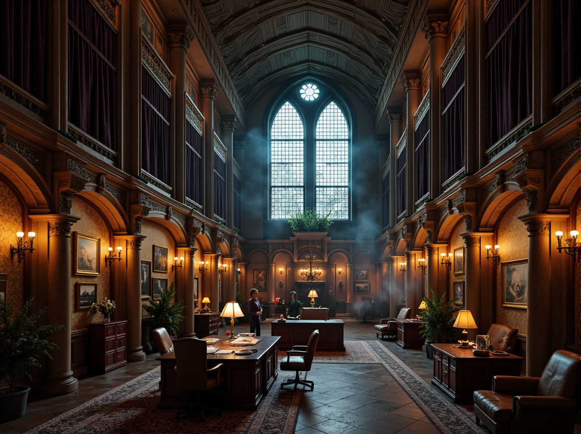 Prompt: Grandiose Gothic office building, ornate stone carvings, rich wood paneling, luxurious velvet drapes, intricate metalwork, stained glass windows, dramatic archways, imposing columns, mysterious ambiance, dim warm lighting, atmospheric fog, cinematic composition, high contrast ratio, detailed textures, ambient occlusion.