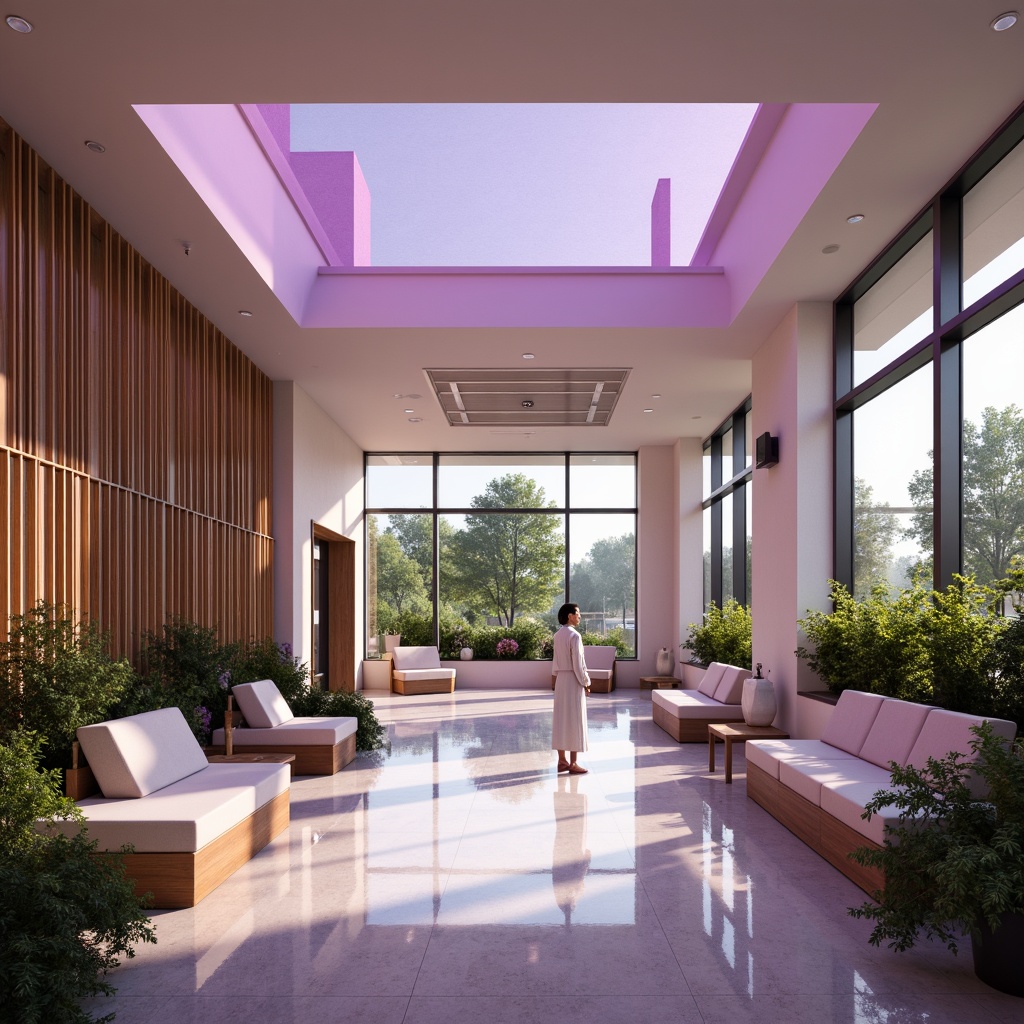 Prompt: Soothing orchid hues, calming healthcare center, modern minimalist architecture, large windows, natural light, wooden accents, comfortable waiting areas, lush greenery, serene atmosphere, gentle color palette, soft warm lighting, subtle textures, elegant furniture, sophisticated medical equipment, spacious patient rooms, private consultation areas, tranquil outdoor gardens, shallow depth of field, 1/1 composition, realistic renderings.