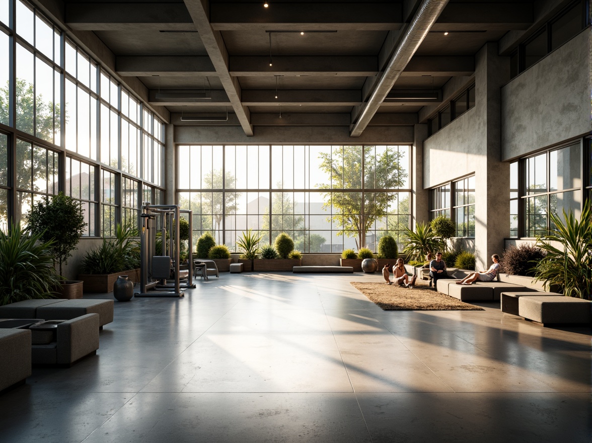 Prompt: Minimalist gymnasium, large windows, natural light pouring in, reflective polished floors, sleek metal beams, industrial chic architecture, functional training equipment, mirrored walls, sparse greenery, calm atmosphere, soft warm lighting, shallow depth of field, 3/4 composition, realistic textures, ambient occlusion.