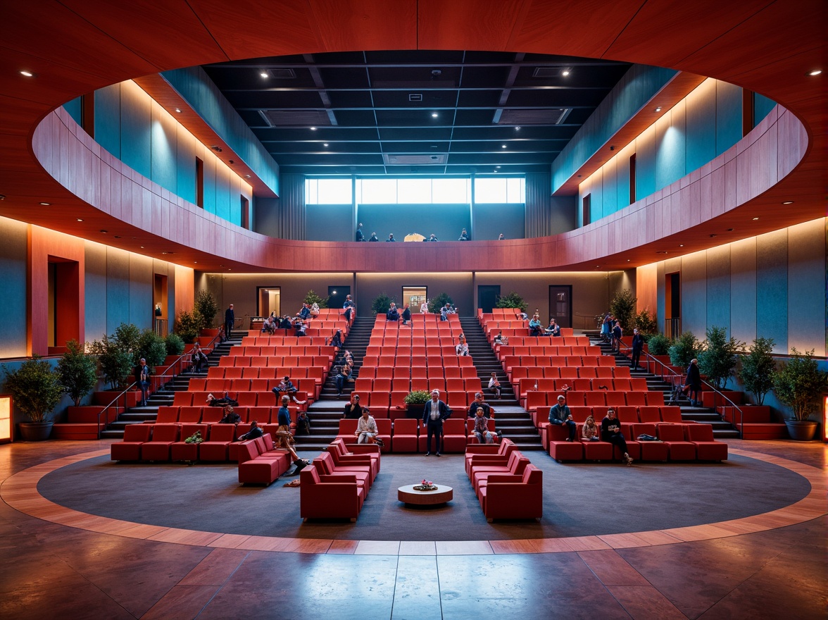 Prompt: Futuristic auditorium, constructivist architecture, curved lines, geometric shapes, vibrant color accents, dynamic lighting systems, tiered seating arrangement, ergonomic chairs, minimalist design, sleek metal railings, polished wooden floors, acoustic panels, sound-absorbing materials, 3/4 composition, panoramic view, realistic textures, ambient occlusion.