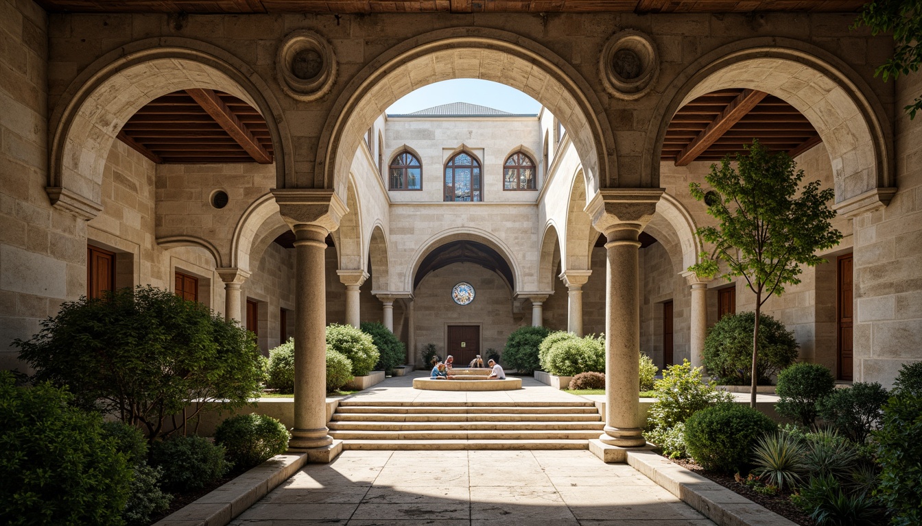 Prompt: Serene monastery courtyard, symmetrical archways, ornate stone carvings, tranquil water features, lush greenery, peaceful cloisters, vaulted ceilings, grand chapels, stained glass windows, intricate mosaics, rustic wooden doors, weathered stone walls, atmospheric lighting, soft warm glow, shallow depth of field, 2/3 composition, symmetrical framing, realistic textures, ambient occlusion.