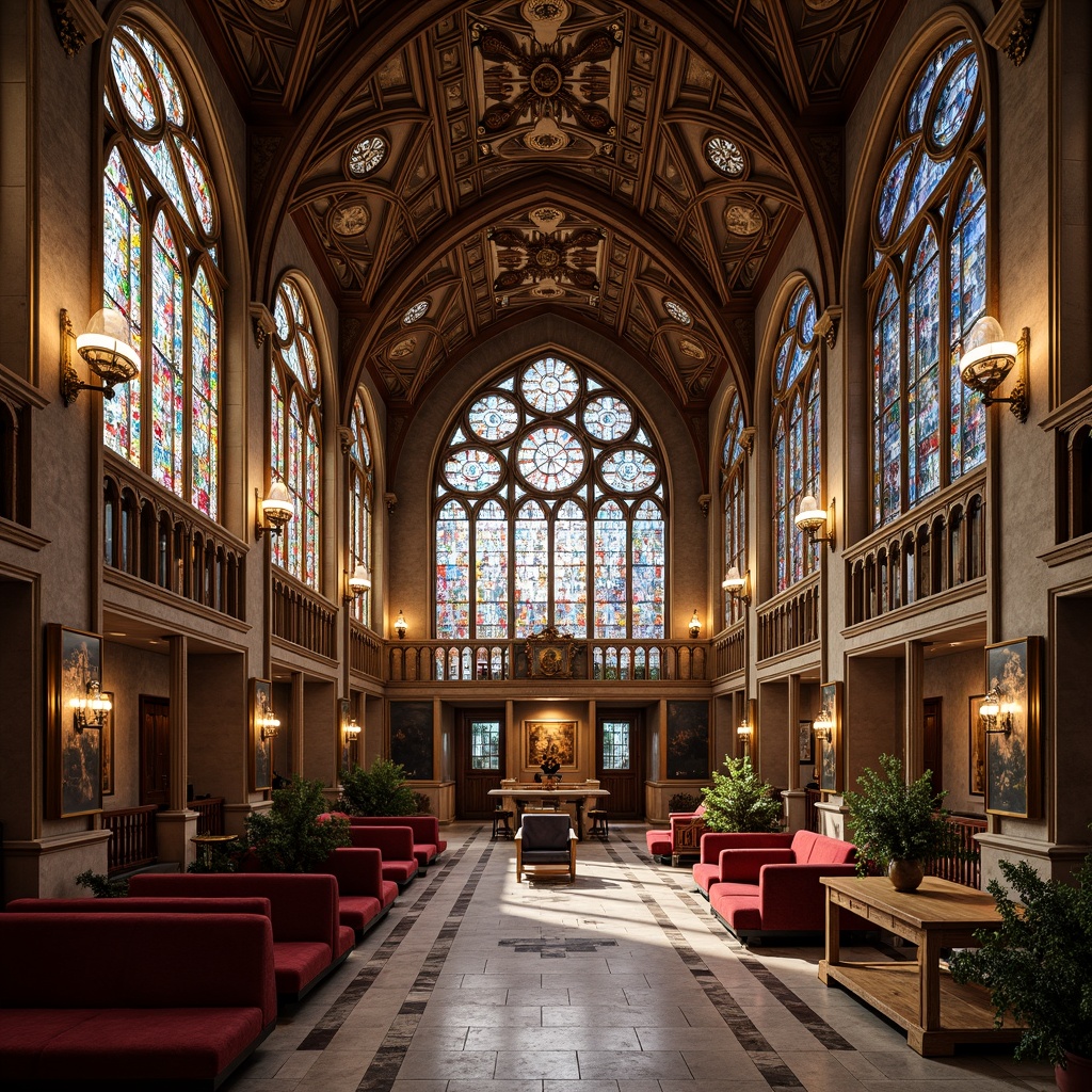 Prompt: Intricate stained glass windows, ornate Gothic arches, grandiose Renaissance-style architecture, opulent chandeliers, lavish furnishings, rich velvet drapes, gilded frames, exquisite frescoes, ornamental columns, polished marble floors, majestic high ceilings, soft warm lighting, shallow depth of field, 1/1 composition, realistic textures, ambient occlusion.