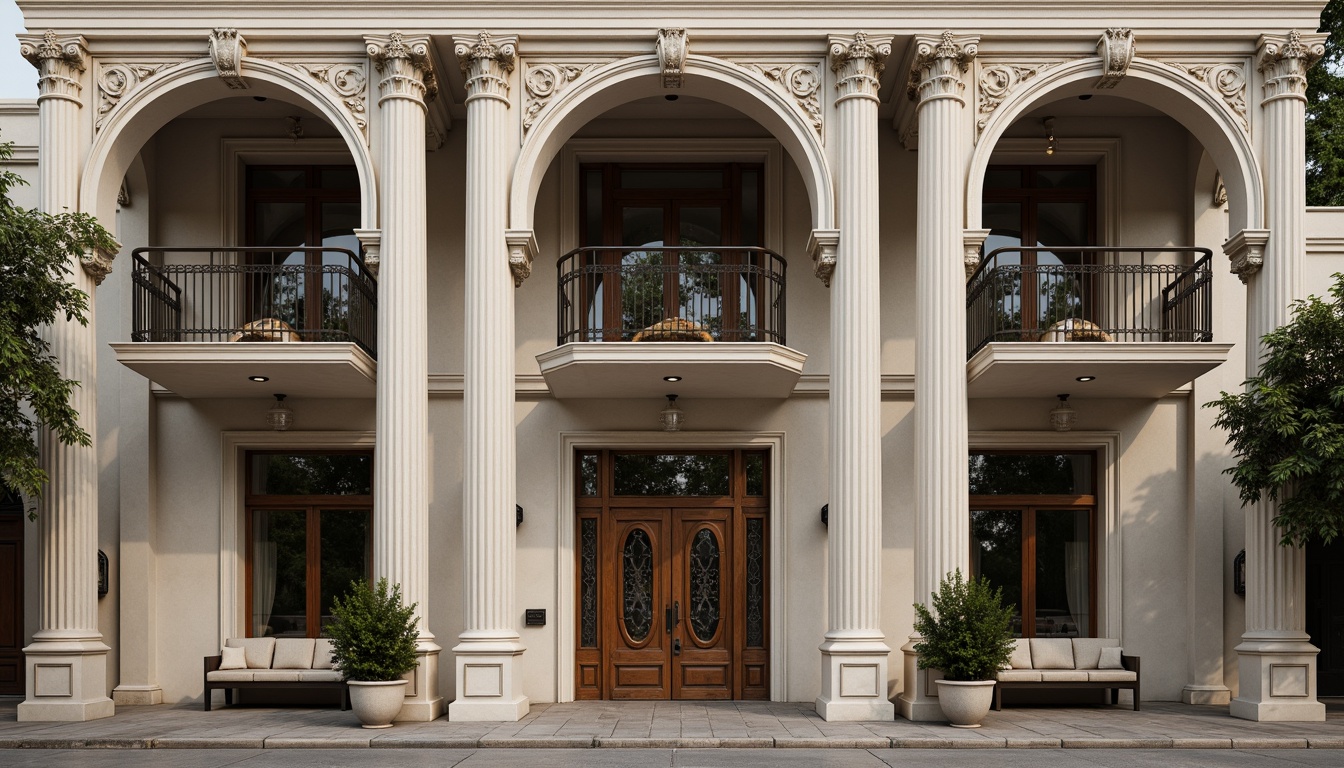 Prompt: Grandiose classical facade, ornate columns, intricately carved details, symmetrical composition, majestic entrance, sweeping arches, rusticated stone walls, elegant balconies, ornamental railings, refined moldings, subtle color palette, soft natural lighting, shallow depth of field, 2/3 composition, realistic textures, ambient occlusion.