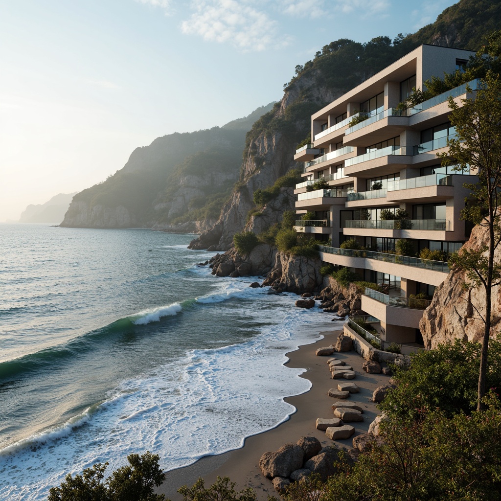 Prompt: Wave-crashing coastline, salty sea air, rugged cliffside, modern coastal architecture, sleek glass fa\u00e7ades, undulating balconies, ocean-inspired curves, nautical-themed railings, weathered wooden accents, beachy color palette, sandy textures, sea-salt sprays, misty morning light, soft warm glow, shallow depth of field, 1/1 composition, realistic reflections, ambient occlusion.