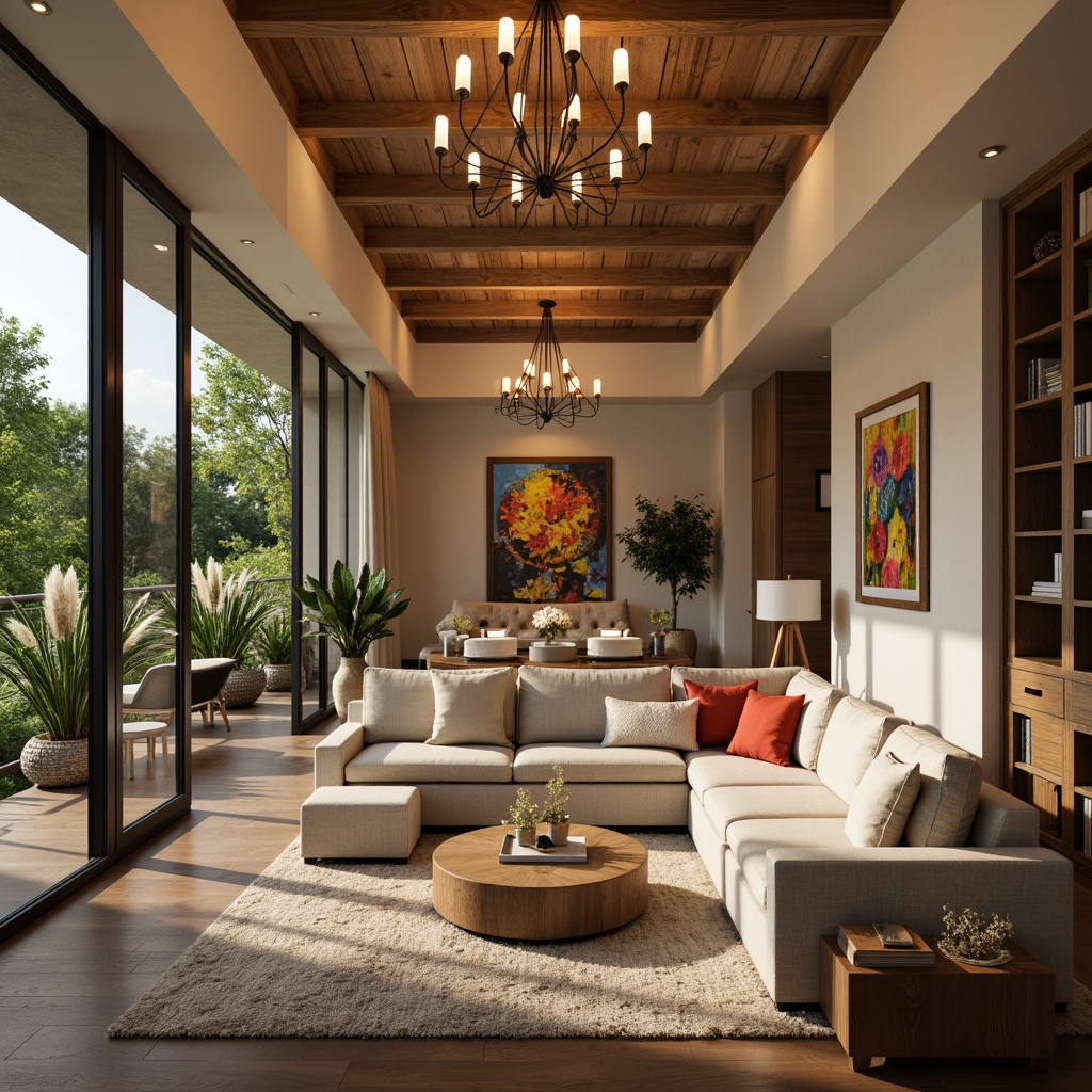 Prompt: Cozy living room, plush sofas, warm beige tones, soft cushions, natural wood accents, floor-to-ceiling windows, elegant chandeliers, modern minimalist decor, vibrant colorful artwork, lush greenery, comfortable seating areas, ambient warm lighting, shallow depth of field, 3/4 composition, realistic textures, inviting atmosphere.