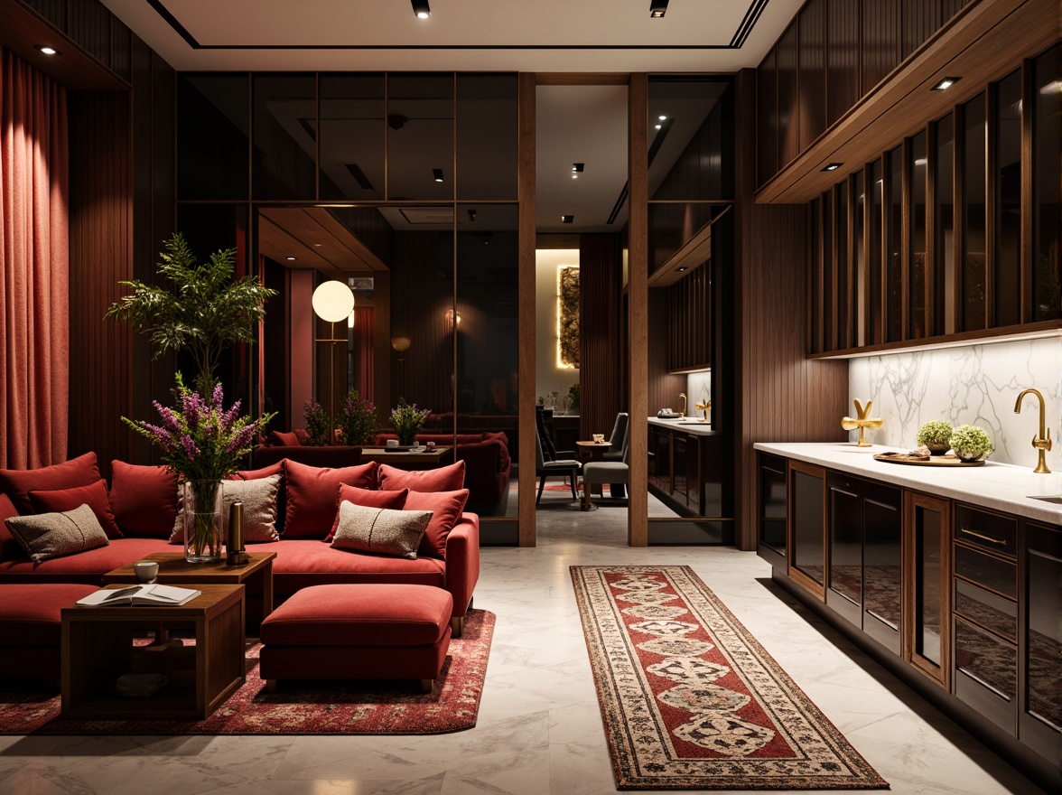 Prompt: Luxurious velvet fabrics, soft plush carpets, richly stained wooden accents, metallic chrome fixtures, matte black surfaces, subtle gradient effects, intricate patterned rugs, creamy white marble countertops, glossy lacquered cabinets, ornate golden hardware, ambient warm lighting, shallow depth of field, 1/1 composition, realistic textures, detailed normal maps.