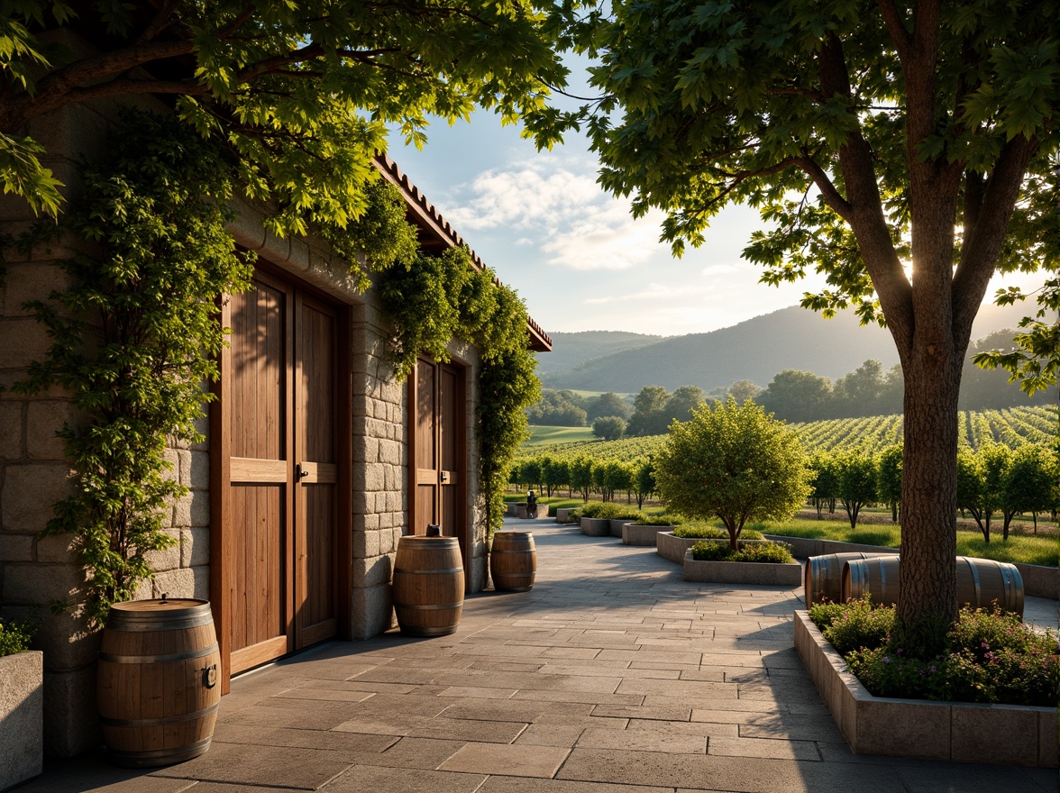 Prompt: Earthy winery, lush vineyards, rustic stone walls, wooden barrels, wine cellar doors, ivy-covered trellises, natural stone pathways, weathered wood accents, earth-toned roofs, sprawling green landscapes, rolling hills, misty mornings, warm golden lighting, soft focus, 1/1 composition, intimate atmosphere, realistic textures, ambient occlusion.