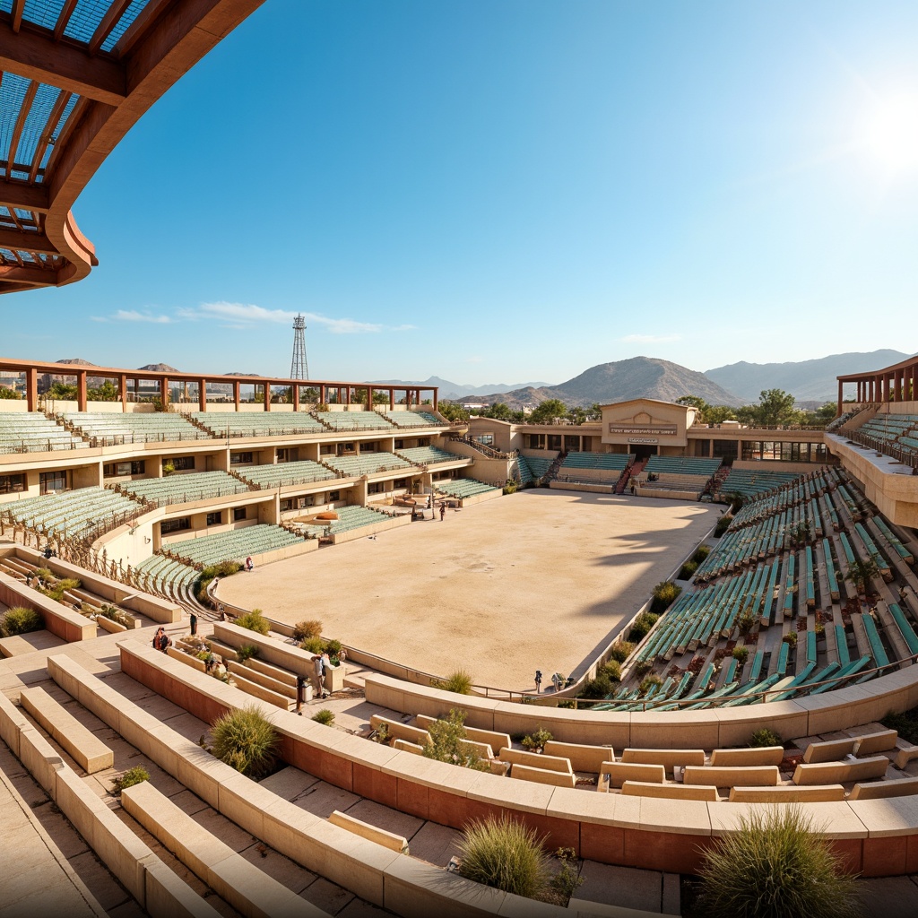 Prompt: Arid desert landscape, sandy dunes, cacti plants, clear blue sky, vast open space, modern stadium architecture, sleek metal structures, warm beige concrete, terracotta accents, earthy brown seating, vibrant turquoise details, soft golden lighting, shallow depth of field, 3/4 composition, panoramic view, realistic textures, ambient occlusion.