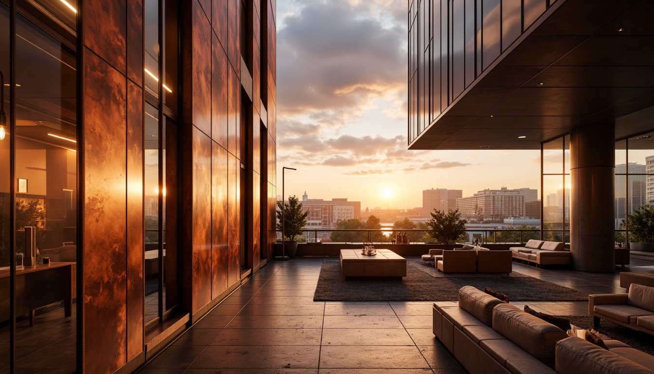 Prompt: Rich copper accents, modern industrial aesthetic, sleek metal surfaces, polished copper finishes, luxurious metallic tones, contemporary architecture, urban landscape, cityscape background, dramatic lighting, high-contrast shadows, warm golden hour, shallow depth of field, 1/1 composition, realistic reflections, ambient occlusion.