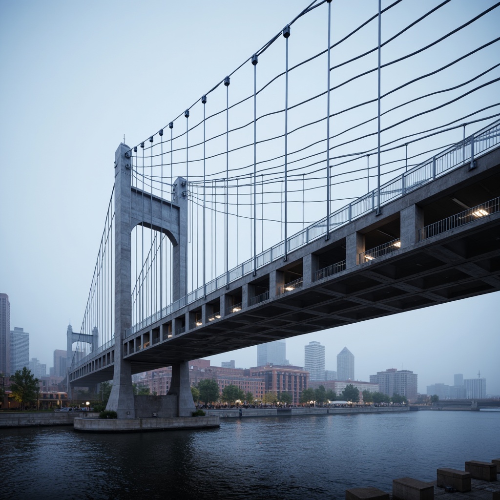 Prompt: Sleek bridge architecture, modern international style, cable-stayed suspension, steel beams, concrete piers, minimalist railings, polished chrome accents, glass balustrades, LED lighting systems, misty atmospheric effects, soft warm glow, shallow depth of field, 1/1 composition, panoramic cityscape views, realistic metallic reflections, ambient occlusion, urban waterfront setting, bustling metropolitan atmosphere.