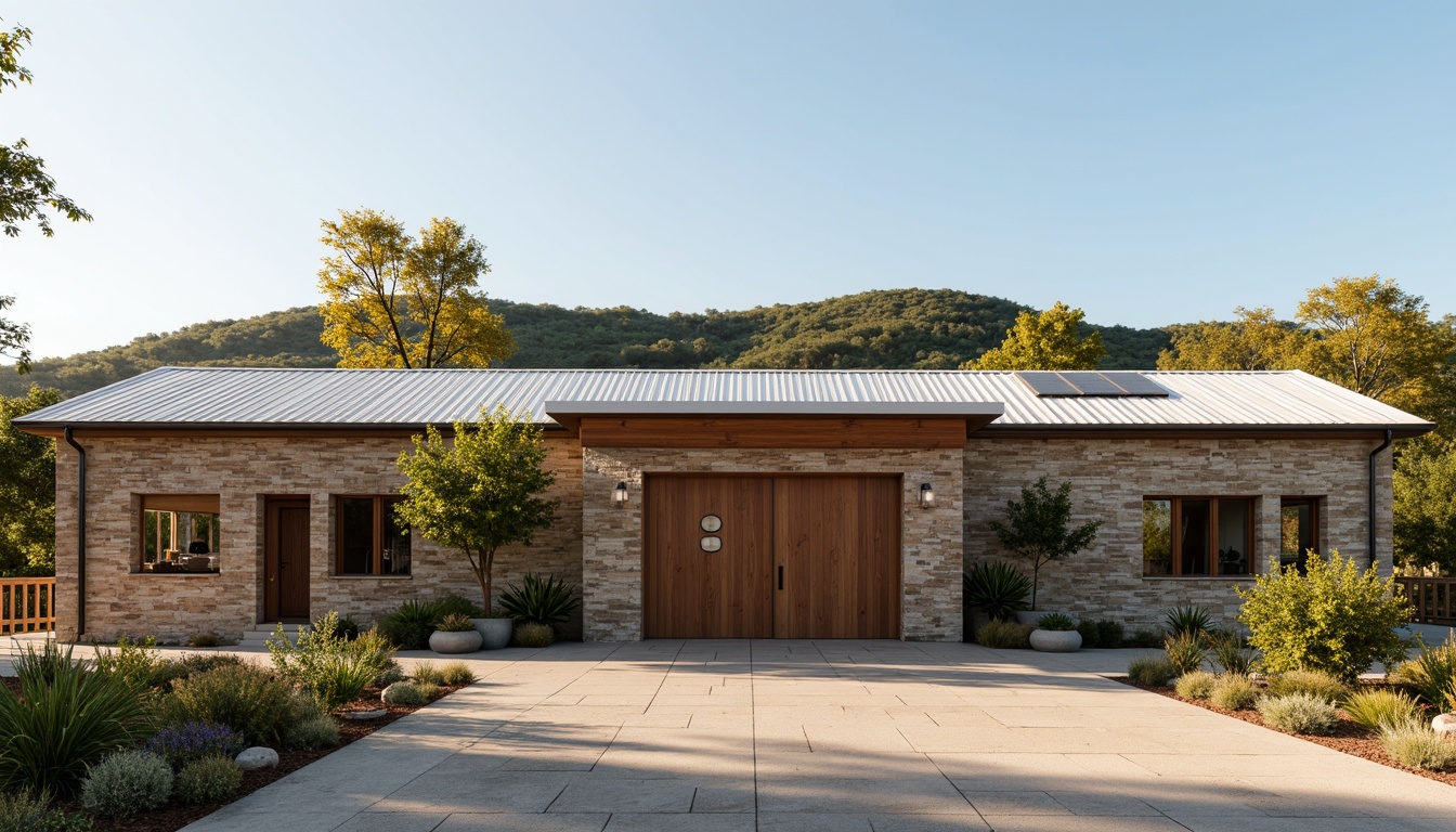 Prompt: Rustic winery facade, natural stone walls, wooden accents, corrugated metal roofs, earthy tones, minimalist design, clean lines, simple shapes, industrial chic, reclaimed wood doors, steel windows, concrete floors, green roof systems, solar panels, vineyard surroundings, rolling hills, countryside views, warm afternoon light, soft shadows, 3/4 composition, realistic textures.