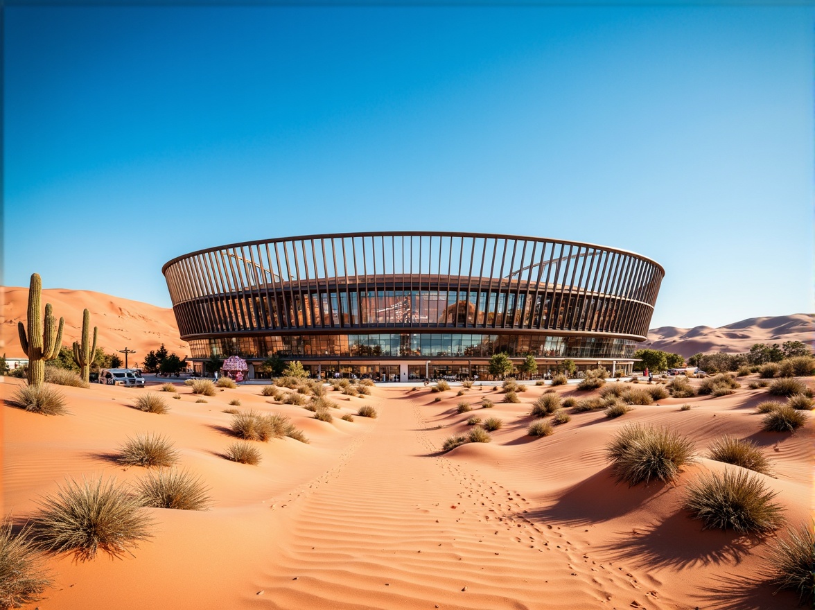 Prompt: Arid desert landscape, sandy dunes, cactus plants, hot sunny day, clear blue sky, vast open space, modern stadium architecture, curved metal structures, reflective glass surfaces, angular lines, vibrant color palette, earthy tones, terracotta reds, sandy beiges, deep blues, electric whites, contrasting shadows, dramatic lighting, 3/4 composition, panoramic view, realistic textures, ambient occlusion.