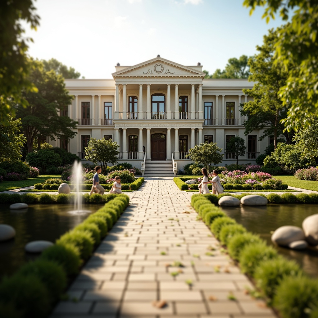 Prompt: Elegant youth center, symmetrical fa\u00e7ade, ornate columns, grand entrance, manicured lawns, topiary gardens, walking paths, classical statues, serene water features, tranquil ponds, vibrant flower beds, lush greenery, mature trees, soft warm lighting, shallow depth of field, 3/4 composition, panoramic view, realistic textures, ambient occlusion.