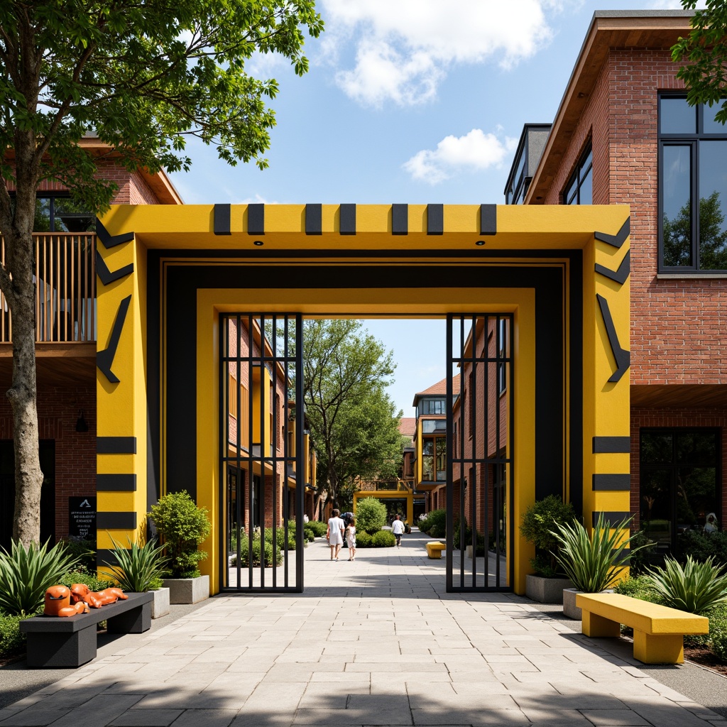 Prompt: Vibrant zoo entrance, bold black and yellow stripes, geometric shapes, industrial metal gates, rustic wooden accents, modernist angular lines, exposed brick walls, large windows, natural stone floors, tropical plants, colorful animal sculptures, educational signage, playful animal-shaped benches, sunny day, high contrast lighting, shallow depth of field, 3/4 composition, panoramic view, realistic textures, ambient occlusion.