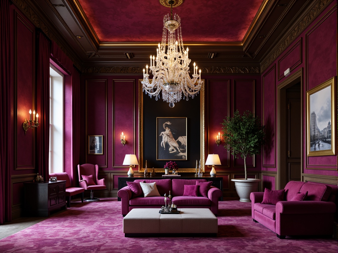 Prompt: Rich plum hues, bold burgundy accents, luxurious velvet textures, ornate golden frames, opulent crystal chandeliers, lavish furnishings, regal purple shades, sophisticated black backgrounds, warm beige undertones, soft cream highlights, dramatic lighting effects, shallow depth of field, 2/3 composition, vibrant color contrasts, realistic reflections, ambient occlusion.