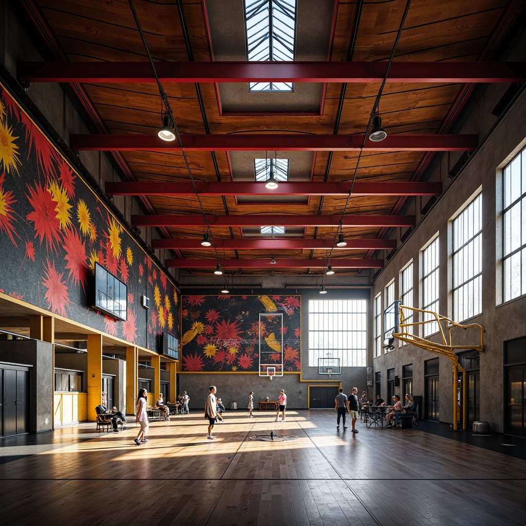 Prompt: Vibrant gymnasium interior, expressionist architecture, dynamic steel beams, undulating rooflines, cantilevered structures, bold color accents, textured concrete walls, industrial-style lighting, polished wooden floors, athletic equipment silhouettes, suspended ceilings, geometric patterned windows, natural light pouring in, dramatic shadows, high-contrast photography, cinematic composition, abstract expressionist art pieces, dynamic athlete movements, fast-paced action sequences, intense dramatic lighting, shallow depth of field, 3/4 composition.