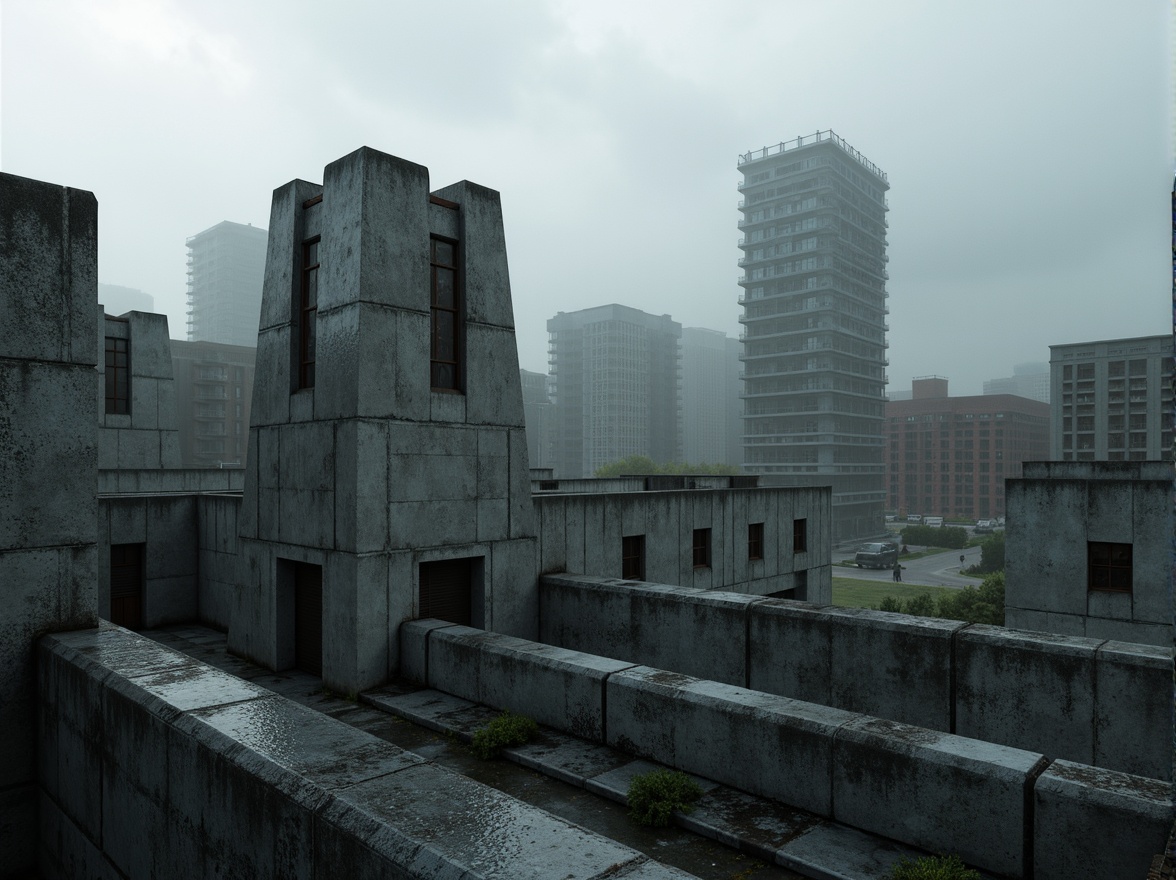 Prompt: Rough concrete walls, brutalist architecture, rugged stone textures, industrial metal accents, cold monochromatic color palette, fortress-like buildings, angular geometric shapes, raw unfinished surfaces, urban cityscape, overcast sky, dramatic shadow play, high-contrast lighting, gritty realistic render, atmospheric fog effects, 1/1 composition, cinematic camera angles, detailed normal mapping.