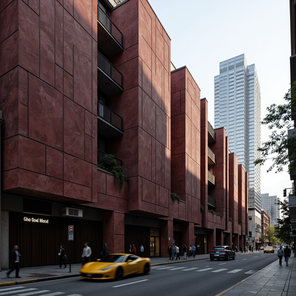 Prompt: Rugged brutalist building, maroon concrete walls, bold geometric forms, raw industrial textures, dramatic shadows, harsh natural light, urban cityscape, busy streets, modern skyscrapers, minimalist details, functional design, exposed ductwork, steel beams, industrial materials, monochromatic color scheme, moody atmospheric lighting, low-angle shot, 1/1 composition, cinematic mood.