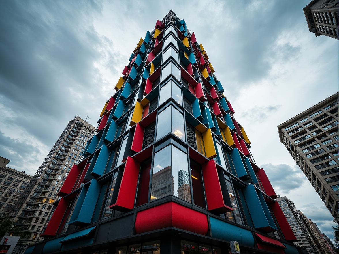 Prompt: Bold skyscraper, constructivist architecture, geometric shapes, fragmented forms, abstract patterns, primary color palette, bold red accents, deep blue undertones, yellow highlights, metallic sheen, reflective surfaces, industrial materials, exposed pipes, urban cityscape, dramatic cloudy sky, high-contrast lighting, sharp angular shadows, 1/1 composition, symmetrical framing, high-key exposure.