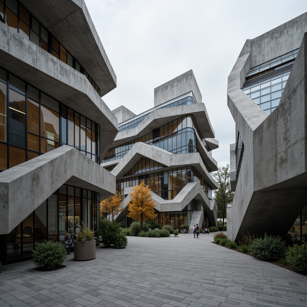 Prompt: Monumental memorial center, abstract sculptural forms, undulating curves, asymmetrical geometry, brutalist concrete structures, oxidized metal fa\u00e7ades, cantilevered rooflines, fragmented glass surfaces, solemn atmosphere, muted color palette, natural stone flooring, subtle lighting effects, dramatic shadows, 3/4 composition, low-angle photography, realistic textures, ambient occlusion.