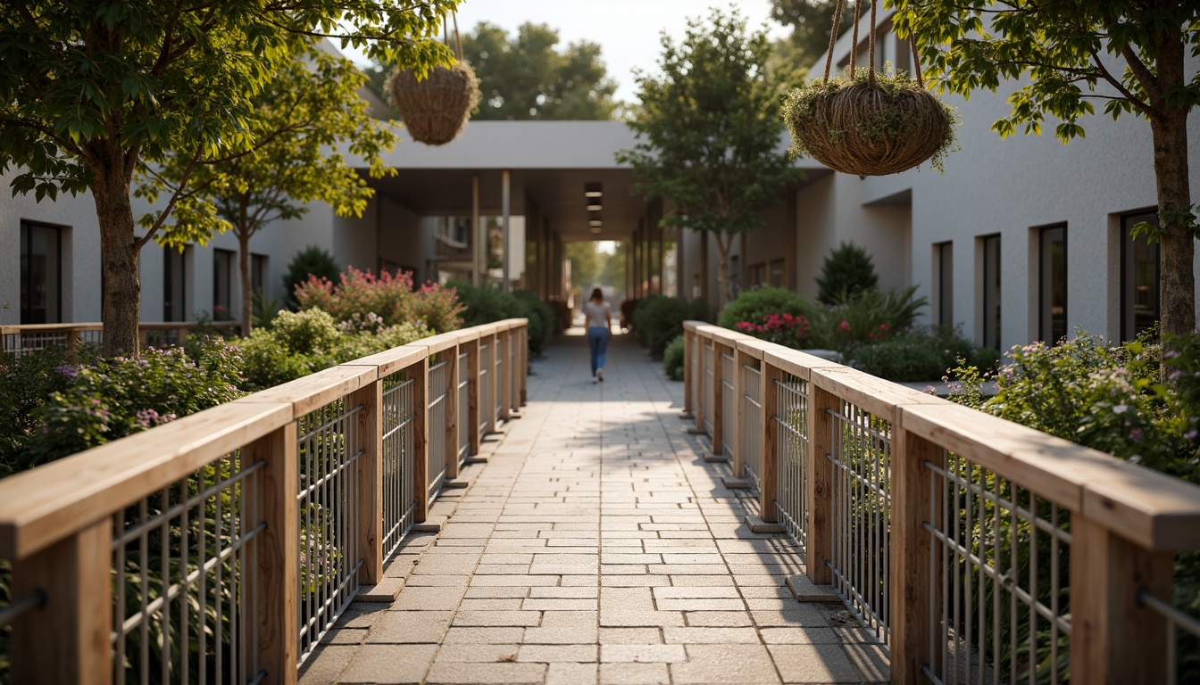 Prompt: Weathered steel pedestrian bridge, rustic wooden railings, woven rope handrails, suspended planters, lush greenery, vibrant flowers, natural stone pavers, textured concrete columns, modern minimalist architecture, sleek metal accents, warm ambient lighting, shallow depth of field, 3/4 composition, realistic fabric textures, intricate weave patterns, soft cotton rope details, rough-hewn wood grain, brushed aluminum surfaces, subtle steel reflections.