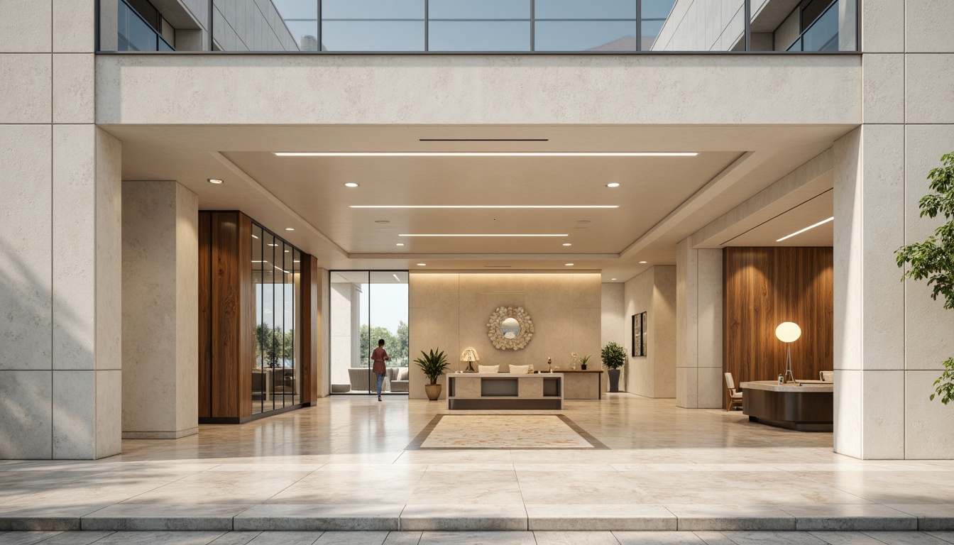 Prompt: Sleek modern bank building, neutral color palette, calming atmosphere, cream-colored stone fa\u00e7ade, glass windows, silver metal accents, minimalist interior design, polished marble floors, wooden accents, subtle texture patterns, warm beige tones, soft blue undertones, professional ambiance, natural light, shallow depth of field, 3/4 composition, panoramic view, realistic textures, ambient occlusion.