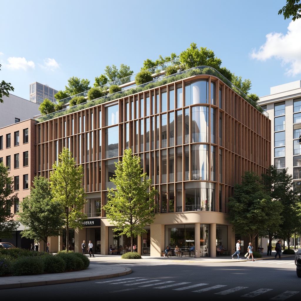 Prompt: Urban commercial building, modern glass facade, neutral beige tone, rich brown wood accents, sleek metal frames, vibrant green rooftop garden, lively cityscape, sunny day, soft natural lighting, shallow depth of field, 3/4 composition, panoramic view, realistic textures, ambient occlusion.