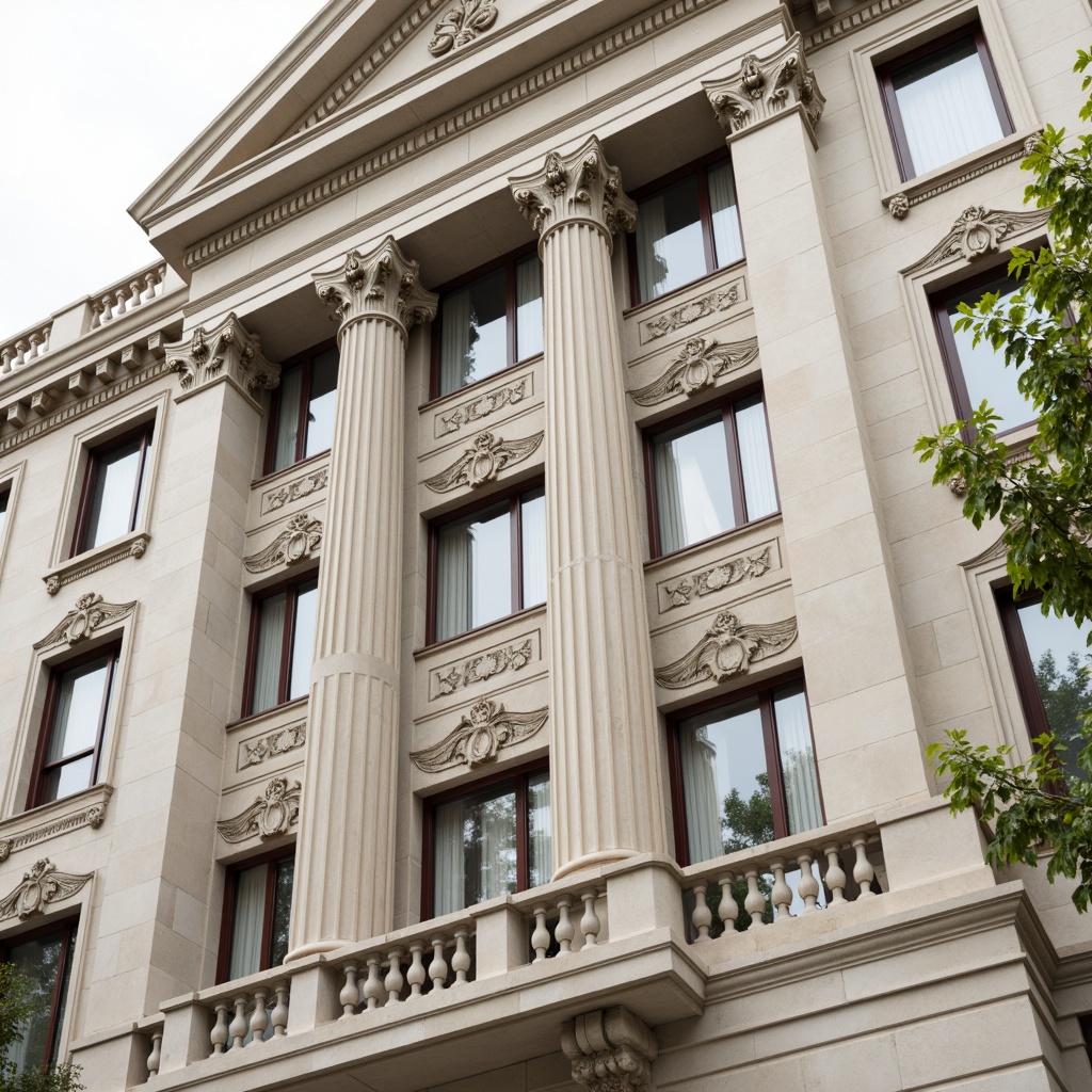 Prompt: Grandiose building facade, ornate columns, intricately carved capitals, decorative frieze, acanthus leaf motifs, classical pediments, symmetrical composition, monumental scale, limestone materials, creamy white hues, subtle shading, soft ambient lighting, 1/1 aspect ratio, shallow depth of field, realistic textures, ambient occlusion.