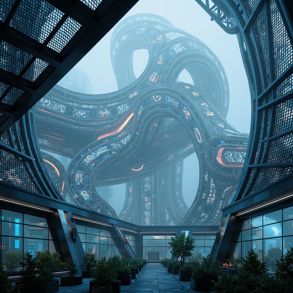 Prompt: Futuristic fusion structure, metallic latticework, glowing neon accents, translucent glass panels, curved lines, aerodynamic shapes, cantilevered components, dynamic lighting effects, foggy atmosphere, misty ambient occlusion, shallow depth of field, 3/4 composition, symmetrical balance, abstract geometric patterns, iridescent color schemes, holographic displays, futuristic materials, advanced robotics integration, cyberpunk-inspired aesthetics.