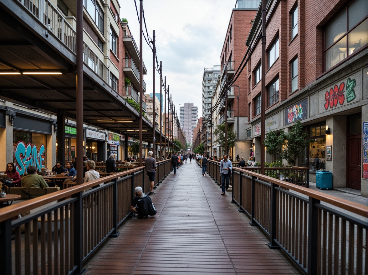 Prompt: Weathered steel pedestrian bridge, suspended walkway, urban cityscape, bustling streets, modern architecture, sleek metal railings, warm wooden decking, rough concrete piers, vibrant street art, eclectic urban fabrics, colorful graffiti, woven nylon textiles, durable outdoor upholstery, waterproof canopies, soft ambient lighting, dramatic shadows, 1/2 composition, low-angle view, realistic reflections, subtle atmospheric effects.