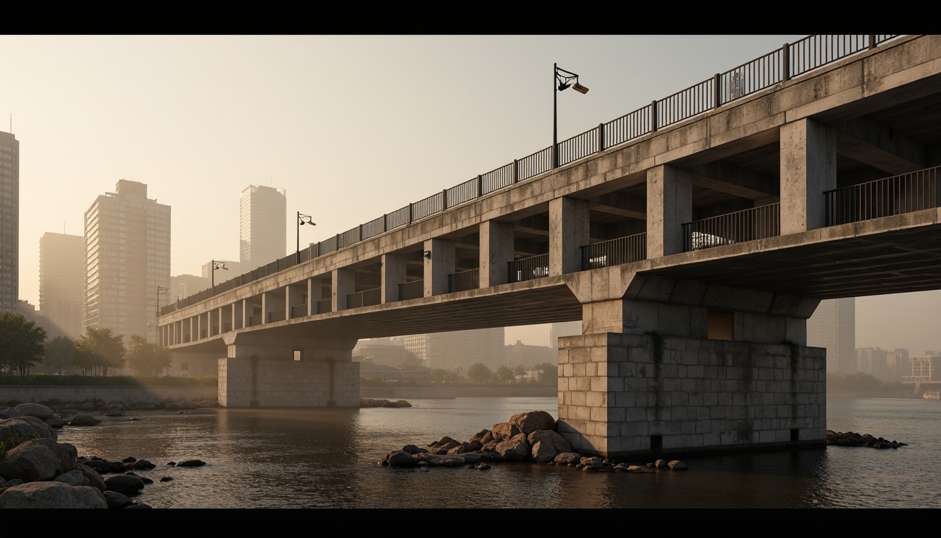 Prompt: Rugged brutalist bridge, exposed concrete structure, geometric forms, industrial materials, urban cityscape, misty morning fog, warm golden lighting, dramatic shadows, bold angular lines, functional simplicity, raw textured surfaces, metallic railings, utilitarian design, pedestrian walkways, vehicular traffic flow, cantilevered sections, reinforced pillars, monolithic abutments, weathered stone foundations, atmospheric perspective, shallow depth of field, 2/3 composition.