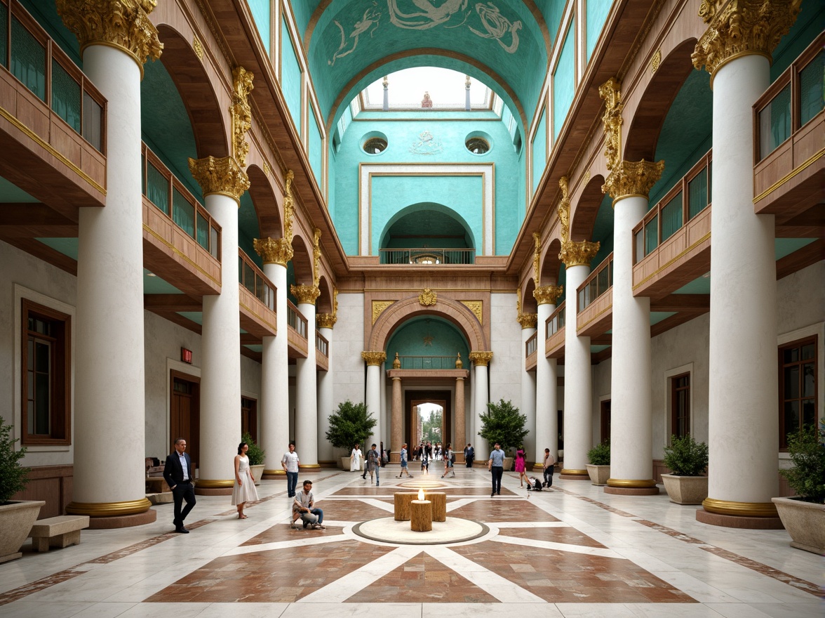 Prompt: Monumental constructivist temple, bold geometric forms, vibrant turquoise accents, rich golden ornaments, stark white marble columns, intricate mosaics, ornate frescoes, grandiose archways, imposing stone walls, mystical ambiance, warm soft lighting, dramatic shadows, 1/2 composition, symmetrical balance, atmospheric perspective, realistic textures, subtle animations.