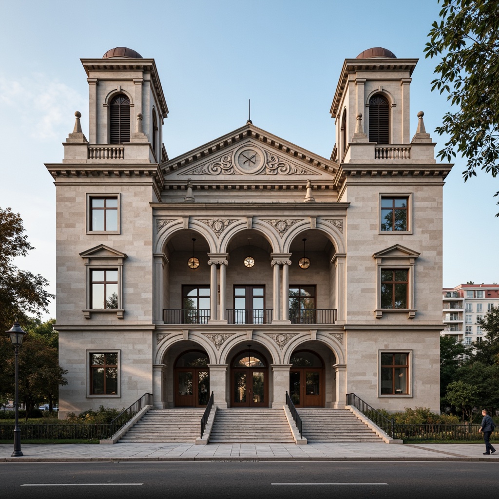 Prompt: Grandiose youth center facade, neoclassical columns, ornate architraves, symmetrical composition, rusticated base, Corinthian capitals, sculpted pediments, grand entrance doors, polished marble floors, elegant staircases, refined moldings, subtle color palette, natural stone cladding, stately clock towers, panoramic city views, late afternoon soft lighting, shallow depth of field, 1/2 composition, realistic textures, ambient occlusion.