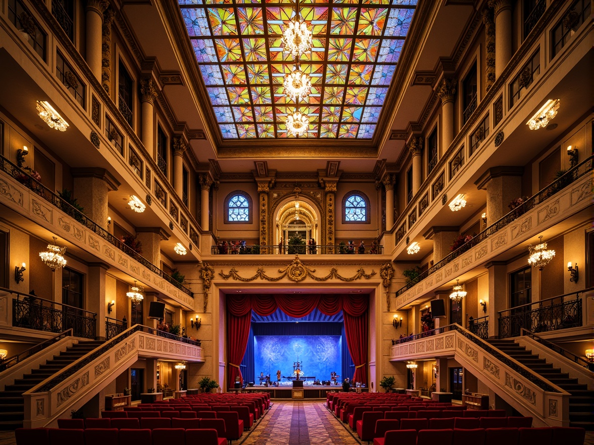 Prompt: Ornate music hall, Renaissance Revival architecture, grand entrance, sweeping staircases, intricate stone carvings, lavish chandeliers, stained glass windows, vibrant colorful patterns, geometric shapes, musical instruments, stage lights, red velvet curtains, ornate balconies, gilded details, warm golden lighting, shallow depth of field, 1/1 composition, symmetrical view, realistic textures, ambient occlusion.