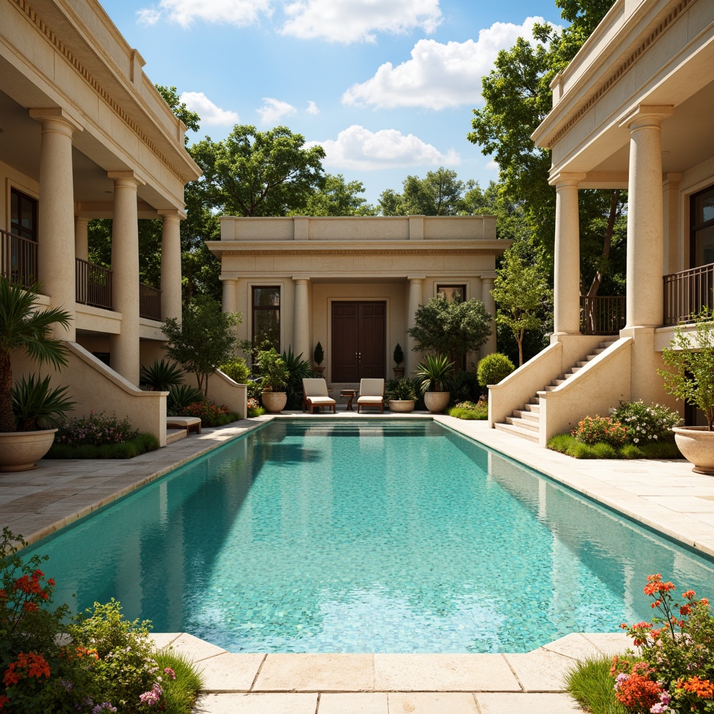 Prompt: Elegant swimming pool, classicism style, warm beige stonework, soft turquoise water, ornate fountain features, subtle mosaic tile patterns, majestic columns, curved staircases, lush greenery surroundings, vibrant flowers, sunny day, gentle ripples, calm atmosphere, natural stone coping, cream-colored concrete, refined architectural details, symmetrical composition, harmonious color balance, serene ambiance, warm golden lighting, soft focus, shallow depth of field.