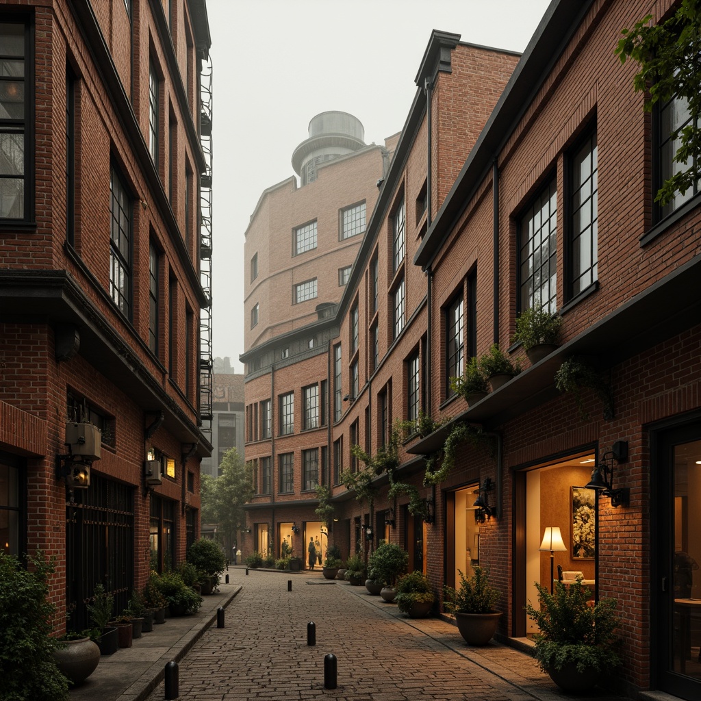 Prompt: Rustic industrial landscape, old brick factories, Art Nouveau buildings, ornate metalwork, sinuous lines, flowing curves, stained glass windows, iron gates, cobblestone streets, vintage machinery, abandoned warehouses, distressed textures, warm golden lighting, shallow depth of field, 1/1 composition, realistic rendering, atmospheric mist, mysterious ambiance.