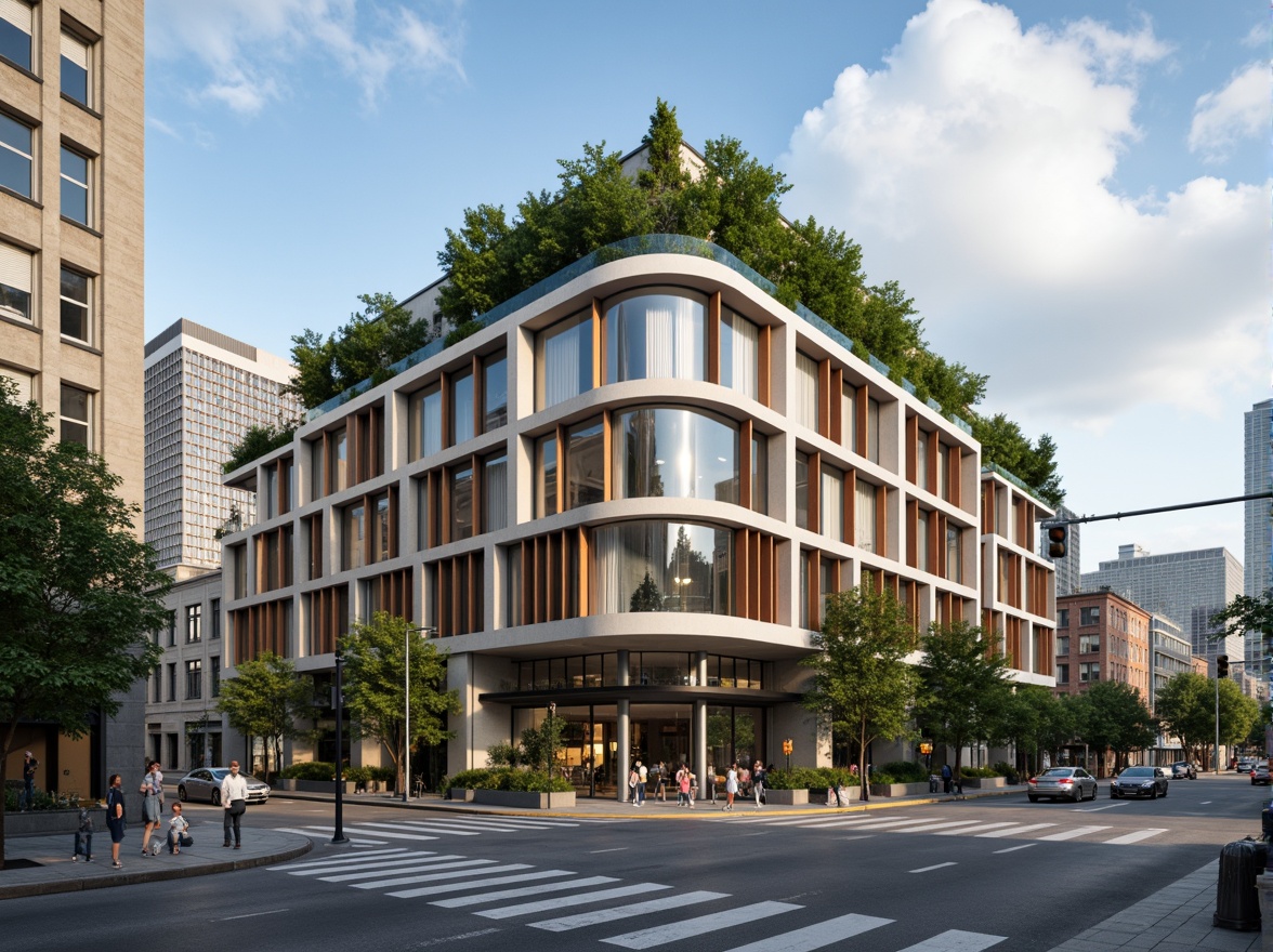 Prompt: Modern commercial building facade, neutral beige tones, rich brown accents, sleek silver metallic frames, subtle gray stone cladding, vibrant green roof gardens, urban cityscape backdrop, cloudy blue sky, soft diffused natural light, shallow depth of field, 1/2 composition, realistic reflections, ambient occlusion.