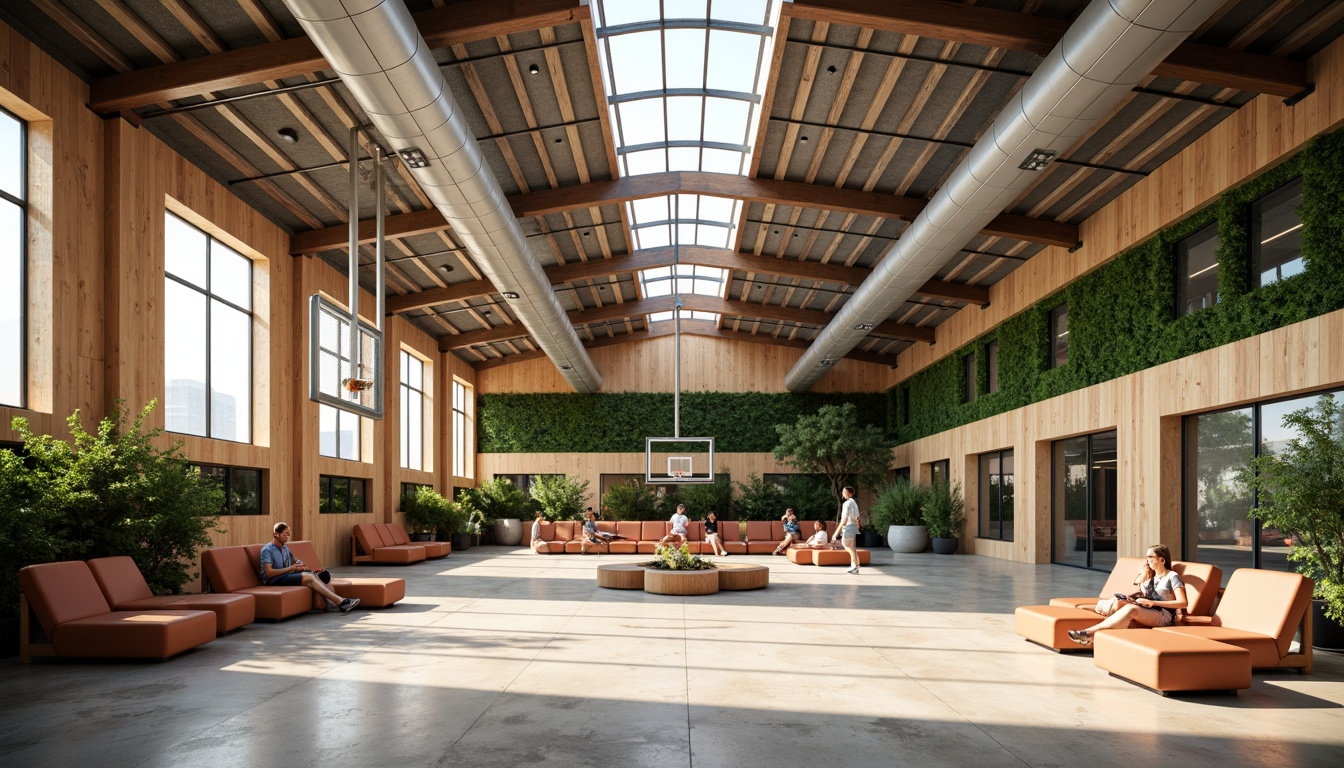 Prompt: Vibrant gymnasium interior, exposed ductwork, industrial steel beams, polished concrete floors, reclaimed wood accents, living green walls, natural ventilation systems, clerestory windows, abundant daylight, soft warm lighting, minimalist decor, eco-friendly materials, sustainable building practices, energy-efficient systems, adaptive reuse of existing structures, organic forms, curvaceous lines, dynamic spatial relationships, 3/4 composition, shallow depth of field, panoramic view, realistic textures, ambient occlusion.