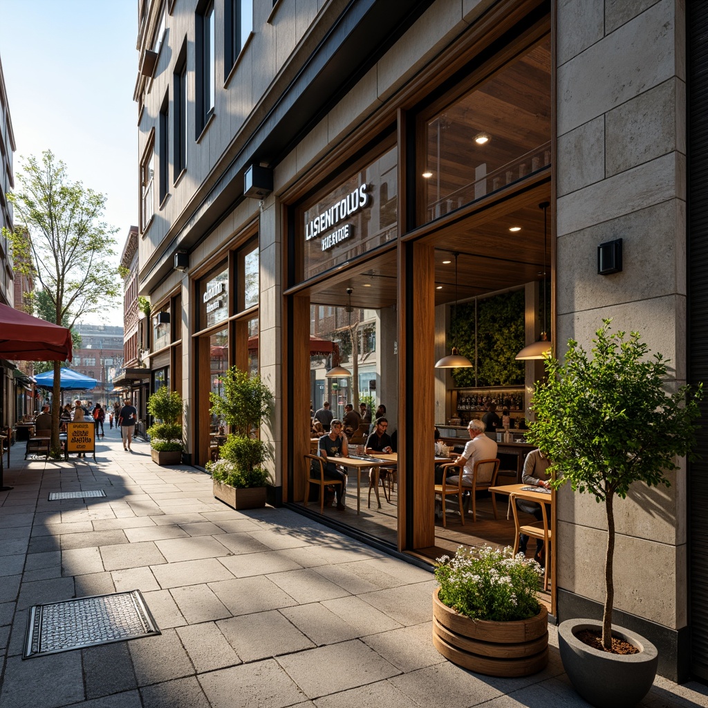 Prompt: Vibrant coffee shop facade, modern minimalist design, large glass windows, metal frames, reclaimed wood accents, natural stone cladding, urban cityscape, bustling streets, morning sunlight, soft warm lighting, shallow depth of field, 3/4 composition, panoramic view, realistic textures, ambient occlusion, industrial chic interior, exposed ductwork, polished concrete floors, cozy seating areas, rustic wooden tables, pendant lamps, aromatic coffee scents, lush greenery, vertical gardens, living walls.