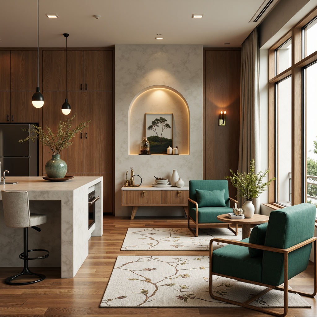 Prompt: Warm beige walls, rich walnut flooring, soft gray-blue accents, velvety emerald green upholstery, natural linen drapes, creamy white marble countertops, matte black metal fixtures, warm golden lighting, cozy textured rugs, organic botanical patterns, serene atmosphere, 3/4 composition, shallow depth of field, realistic textures.